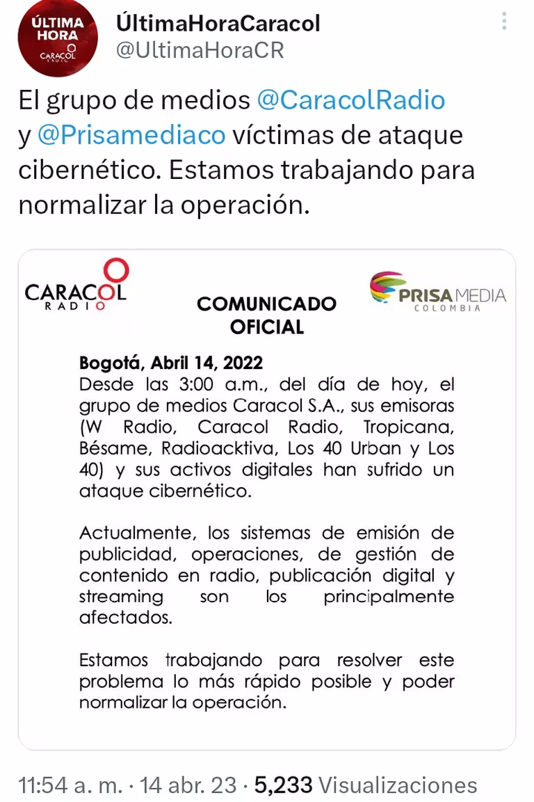 audición Rebotar laberinto Caracol Radio, Radioacktiva, Tropicana, W Radio y otras emisoras del Grupo  Prisa en Colombia fueron víctimas de un ataque cibernético - VHNGROUP:  Integramos Seguridad y Tecnología.
